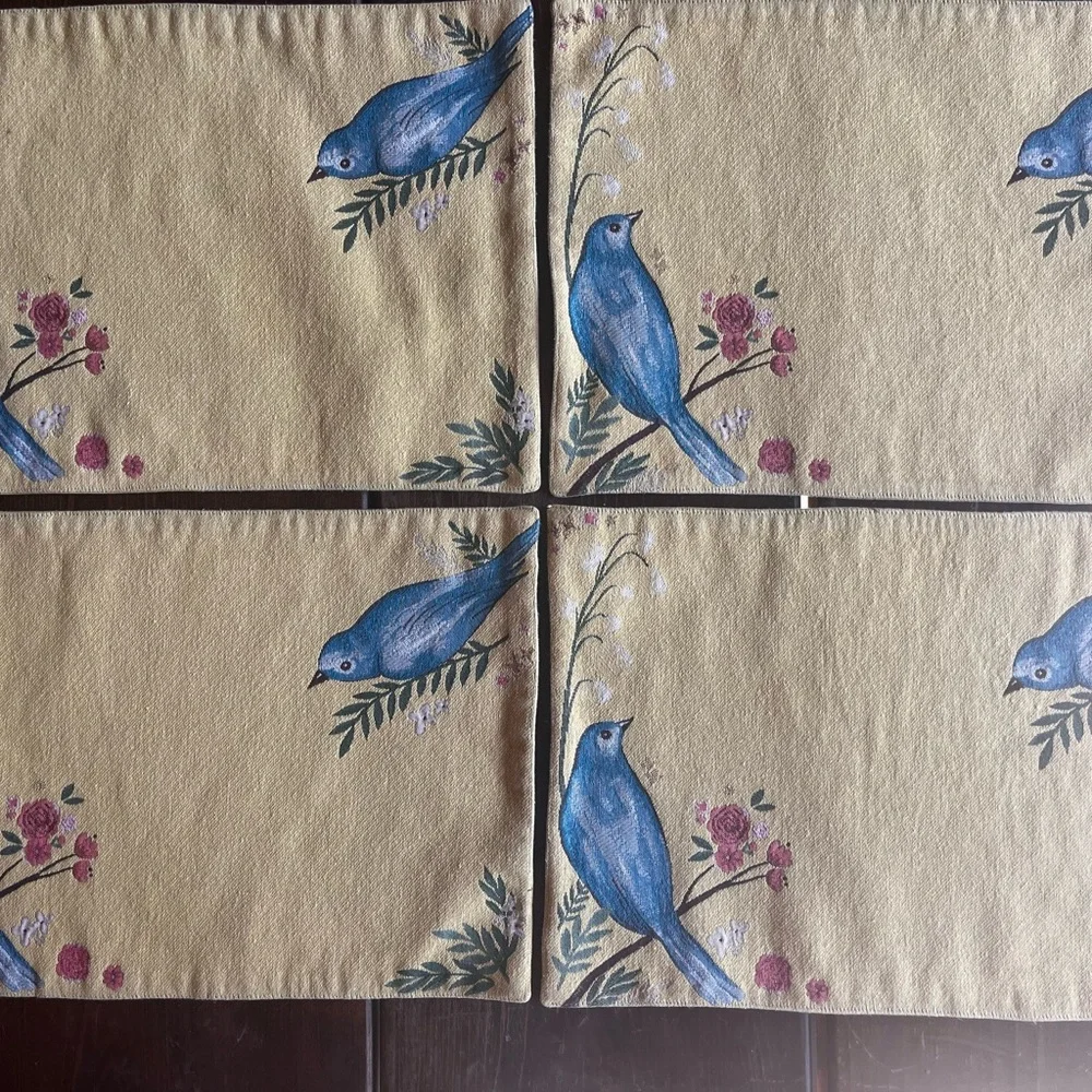 Set of 4 Cloth Placemats , Mustard Yellow & Blue Birds , Patio Table , dinette